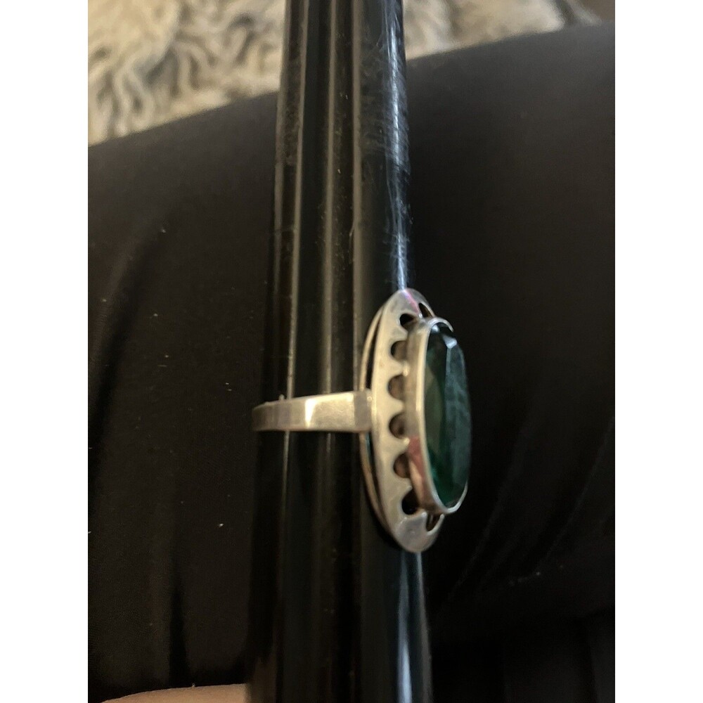 Vintage MCM Green Gemstone Ring Sterling Silver Faceted Marquise Lrg 925 Sz 8.5 - Picture 8 of 9